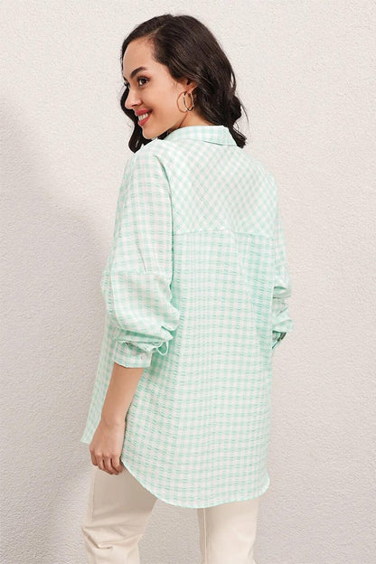 Women's Light Green Checkered Oversize Shirt HZL22W-BD1201451