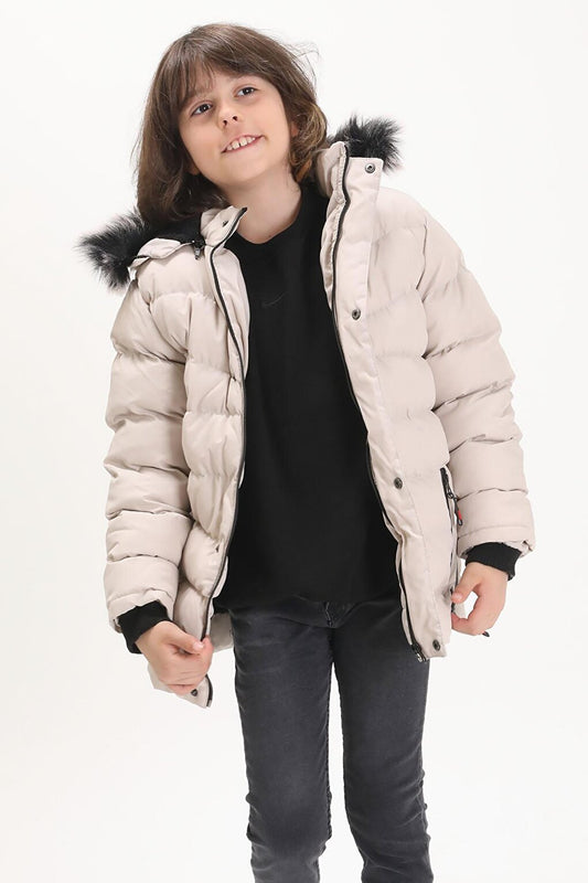 Boy's Puffer Coat with Logo Beige 15522