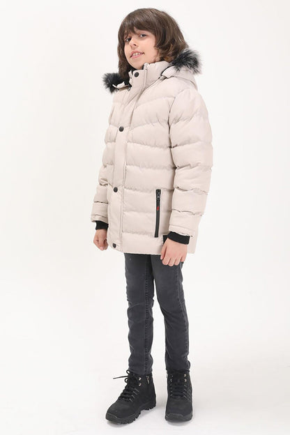 Boy's Puffer Coat with Logo Beige 15522