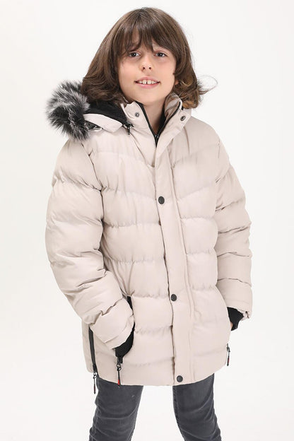 Boy's Puffer Coat with Logo Beige 15522