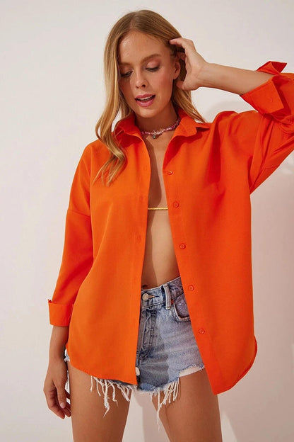 Dark Orange Plain Plain Araboy Basic Oversize Shirt