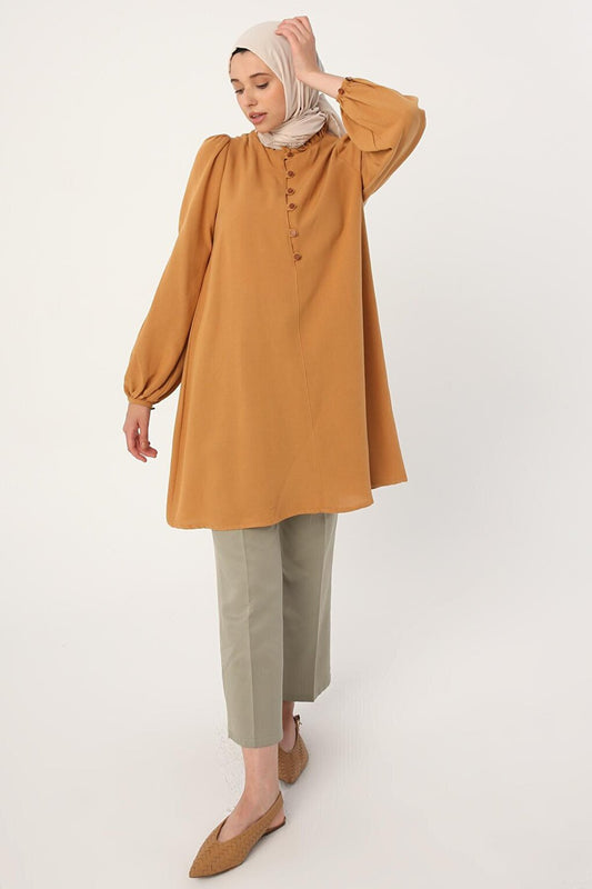 Mustard Collar Ruffled Linen Tunic