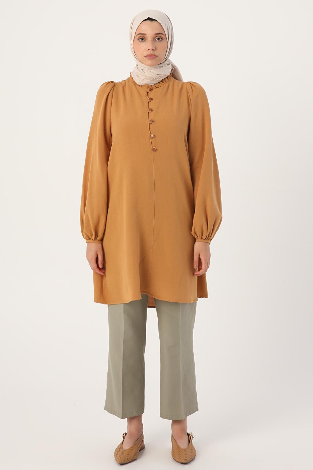 Mustard Collar Ruffled Linen Tunic