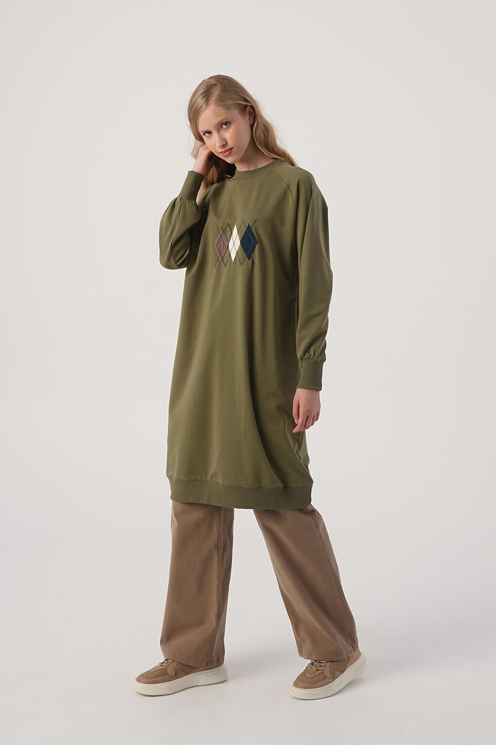 Light Khaki Baklava Appliqued Embroidered Sweat Tunic