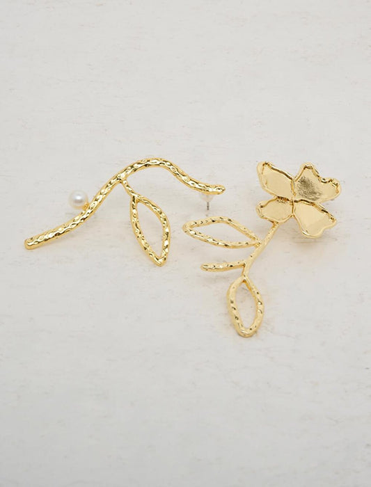 Asymmetrical Earrings with Gold Flower Figures