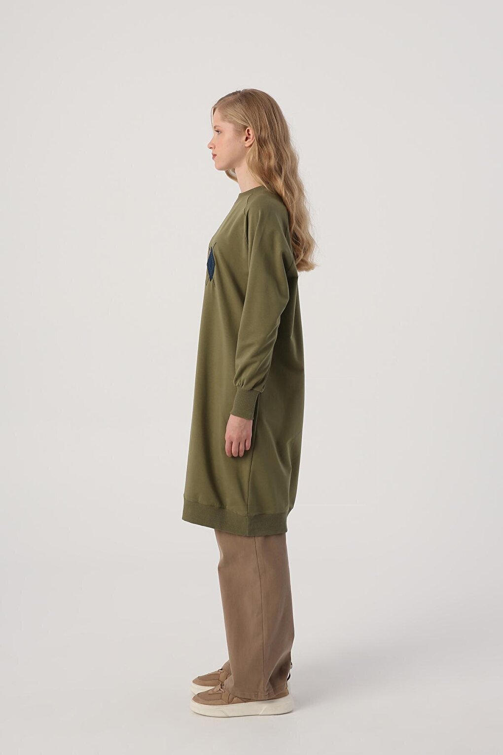 Light Khaki Baklava Appliqued Embroidered Sweat Tunic