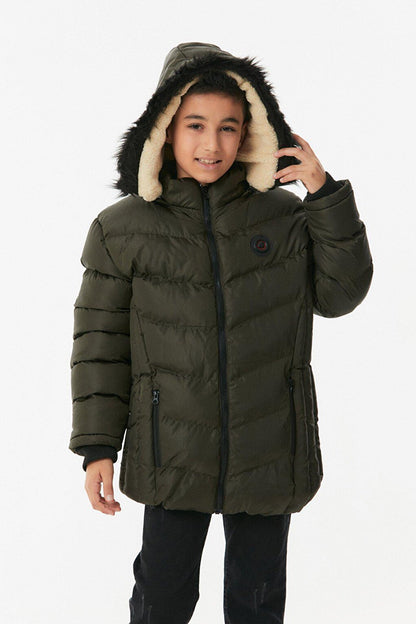 Boy's Puffer Coat with Fur Hood