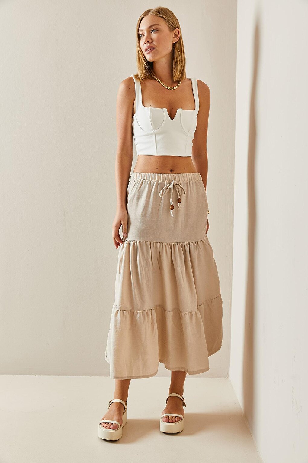 Beige Flounce Maxi Skirt 3YXK7-47440-25