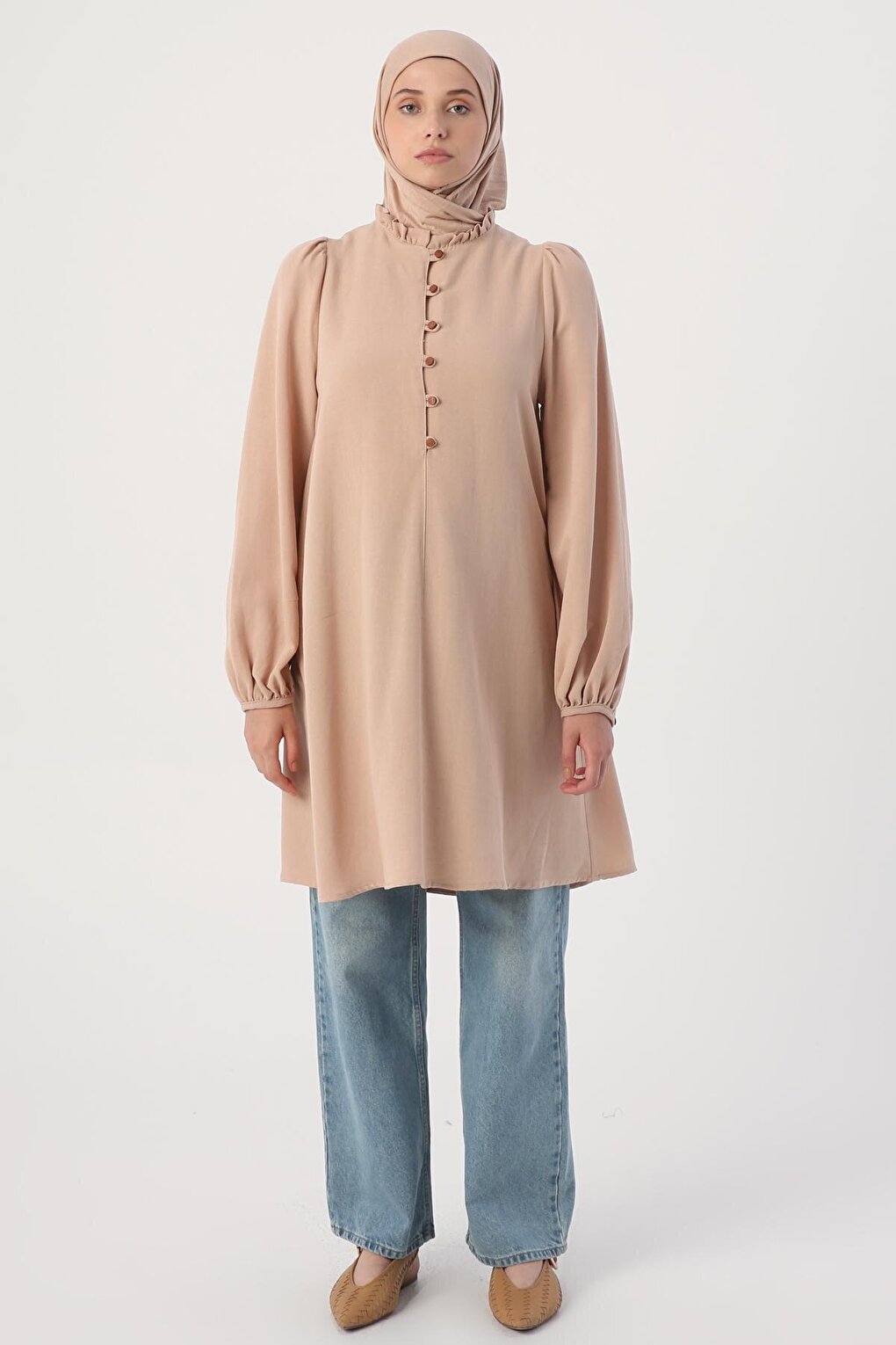 Dark Beige Linen Tunic with Ruffle Collar