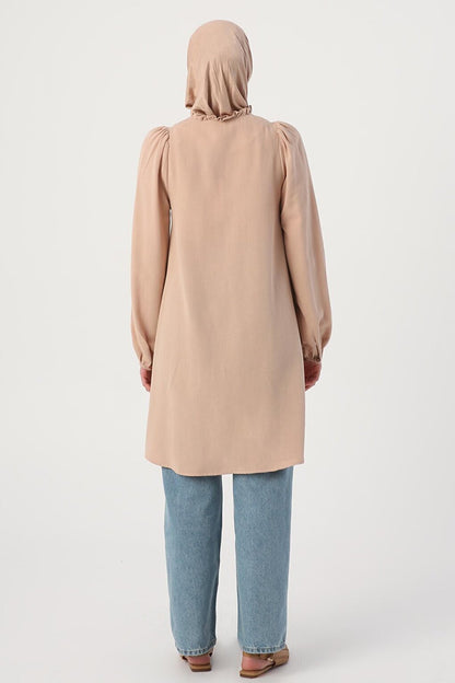 Dark Beige Linen Tunic with Ruffle Collar