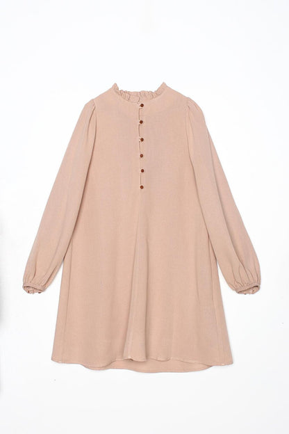 Dark Beige Linen Tunic with Ruffle Collar