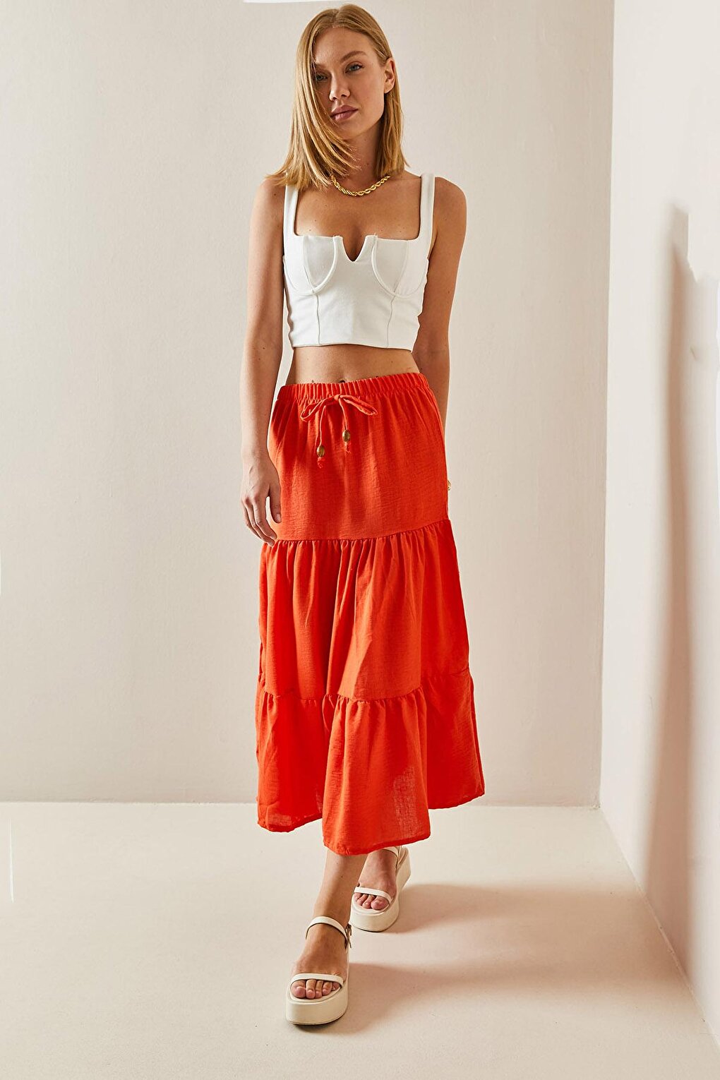 Orange Flounce Maxi Skirt 3YXK7-47440-11