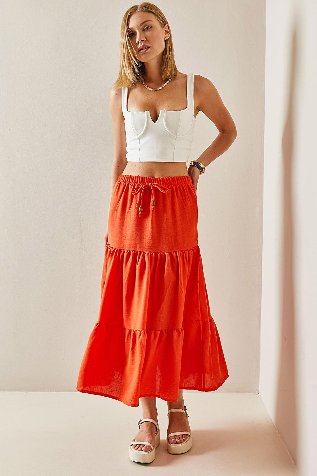 Orange Flounce Maxi Skirt 3YXK7-47440-11