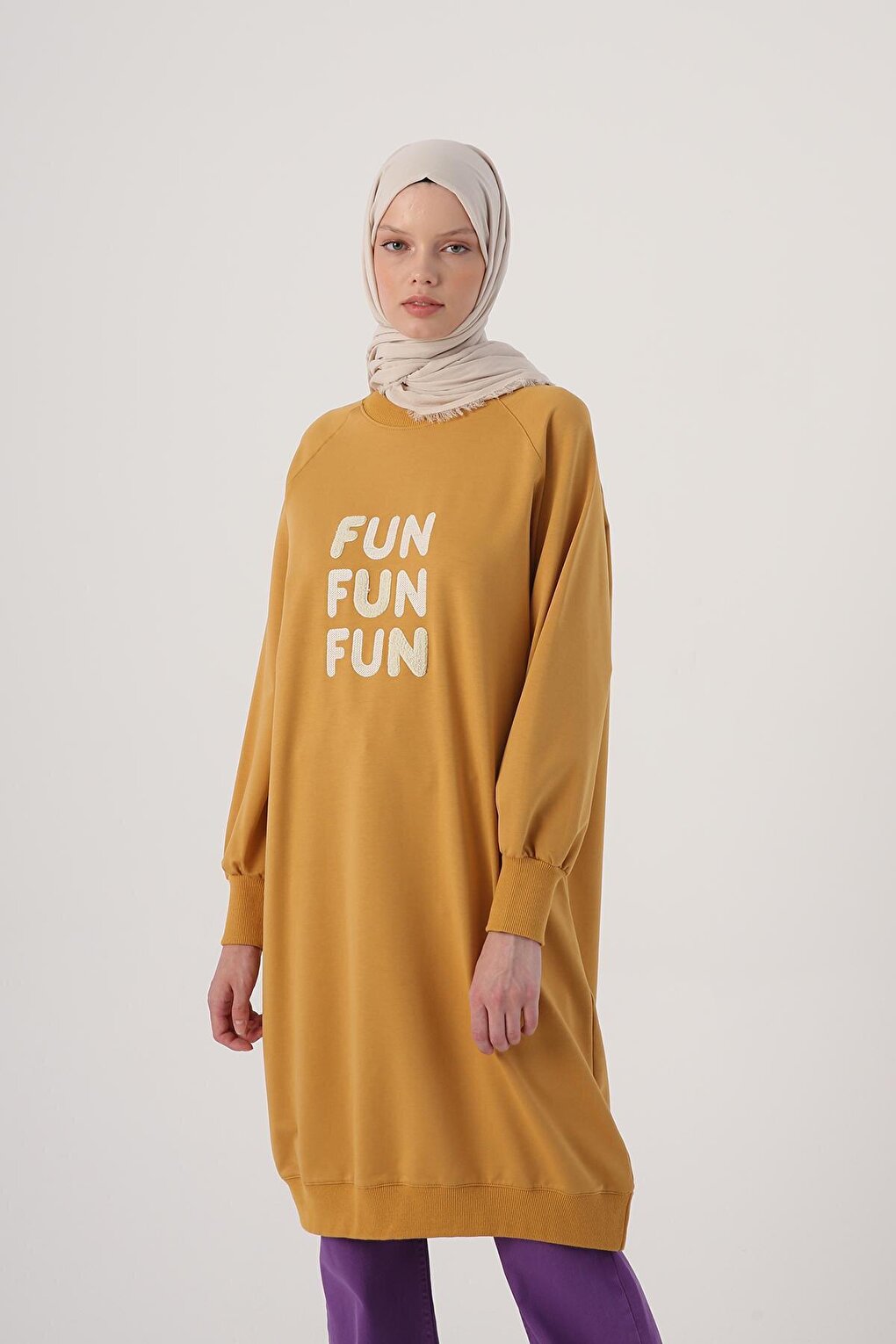 Soft Yellow Text Embroidered Raglan Sleeve Sweat Tunic