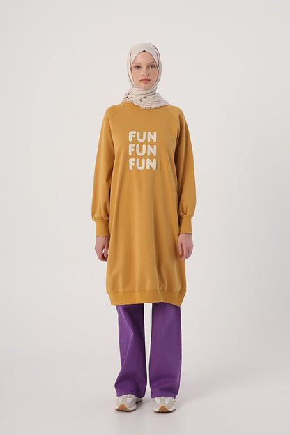 Soft Yellow Text Embroidered Raglan Sleeve Sweat Tunic