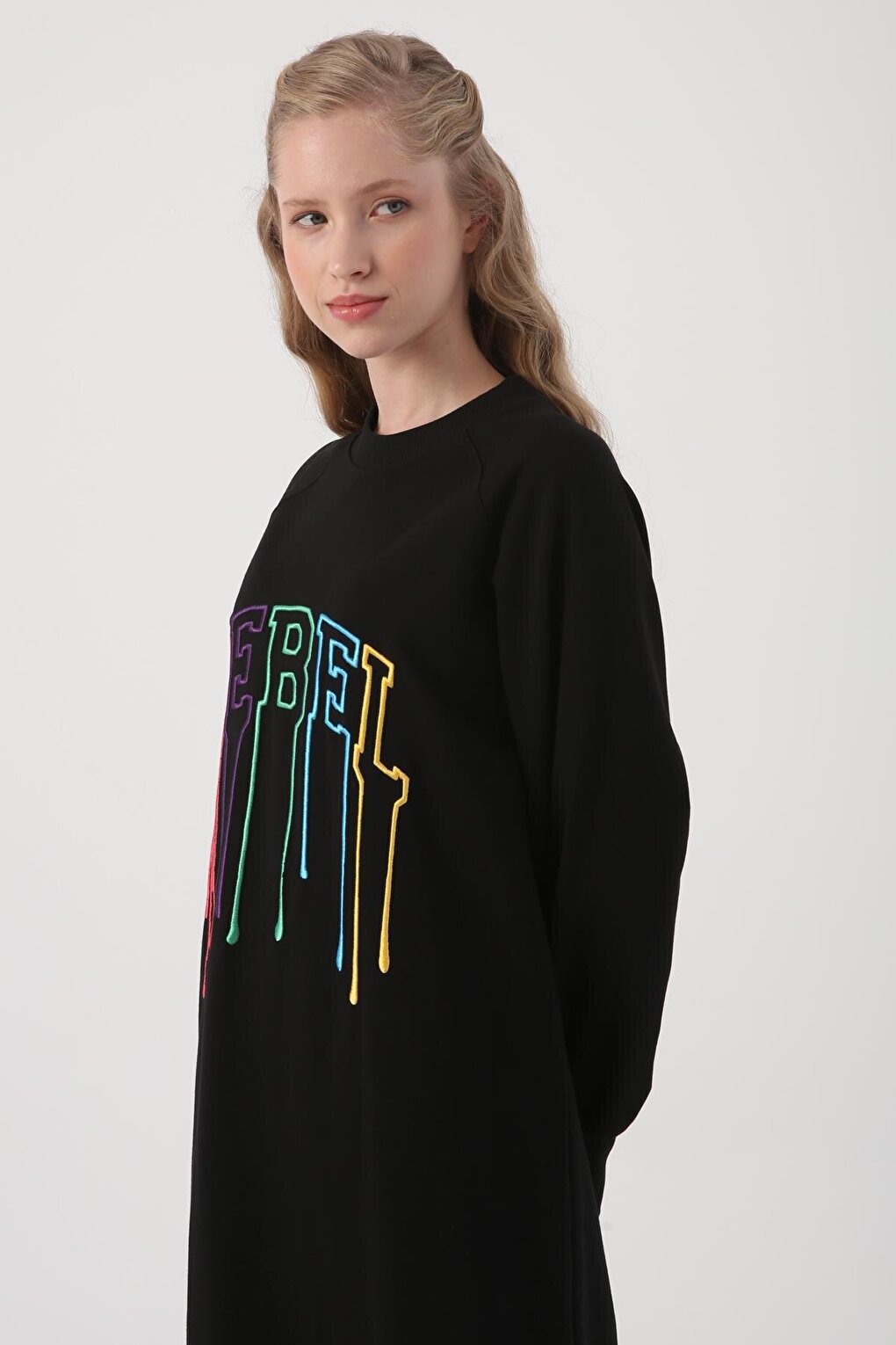 Black Text Embroidered Raglan Sleeve Sweat Tunic