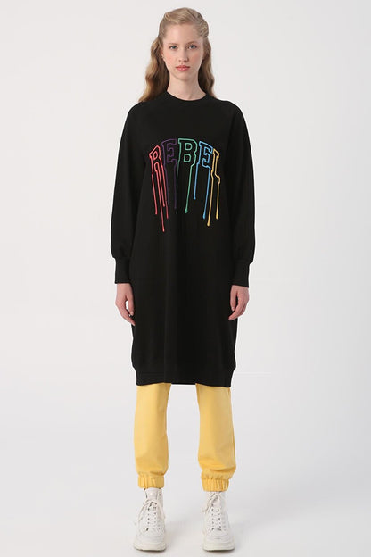 Black Text Embroidered Raglan Sleeve Sweat Tunic