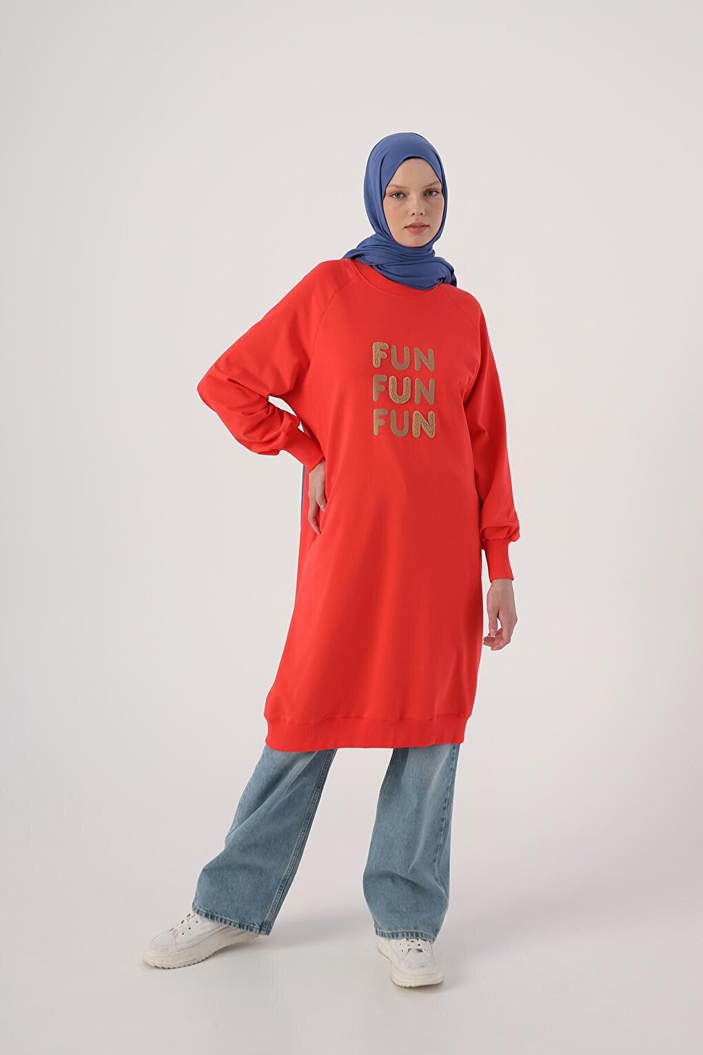 Pomegranate Flower Text Embroidered Raglan Sleeve Sweat Tunic