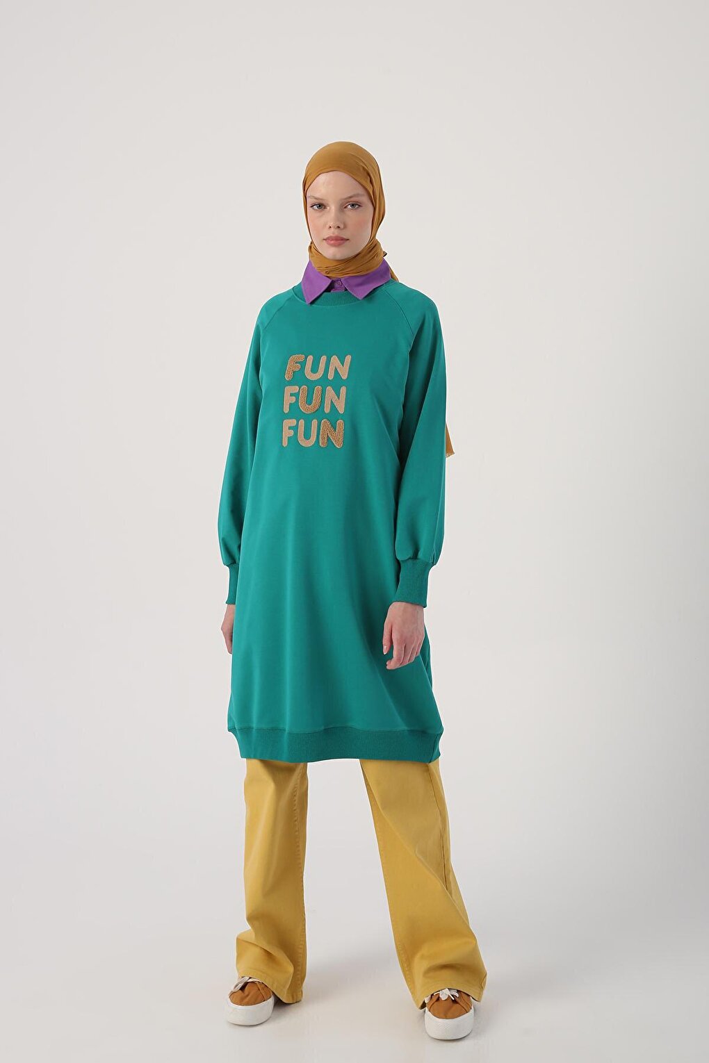 Emerald Green Text Embroidered Raglan Sleeve Sweat Tunic