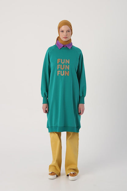 Emerald Green Text Embroidered Raglan Sleeve Sweat Tunic