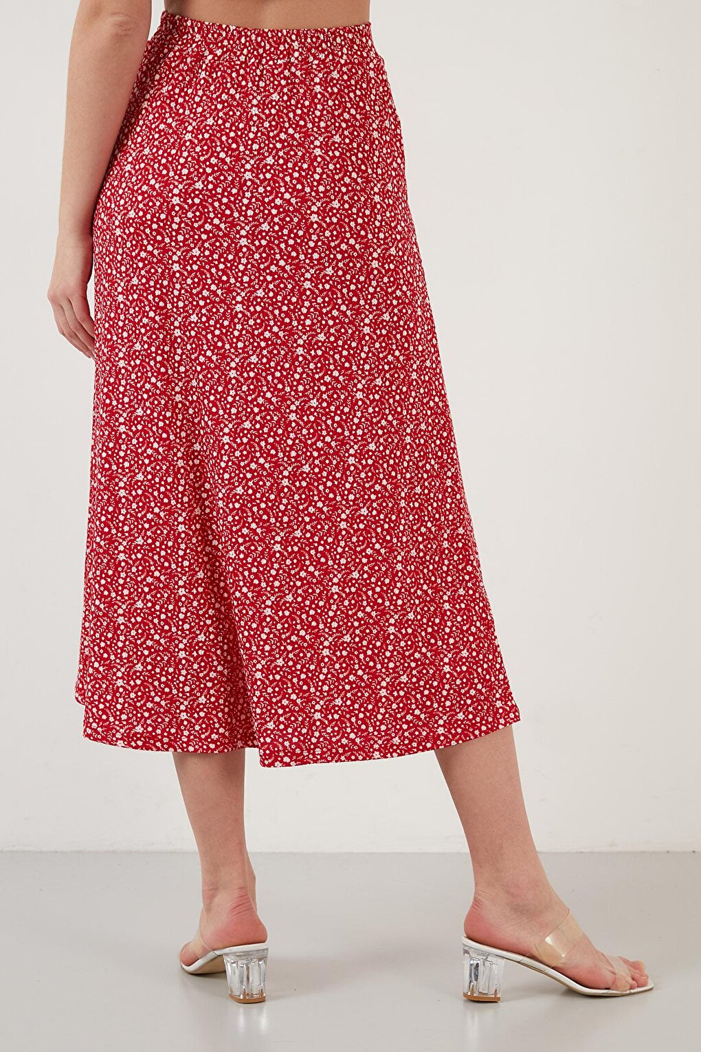 Floral Patterned Midi Length Slit Skirt 5864498