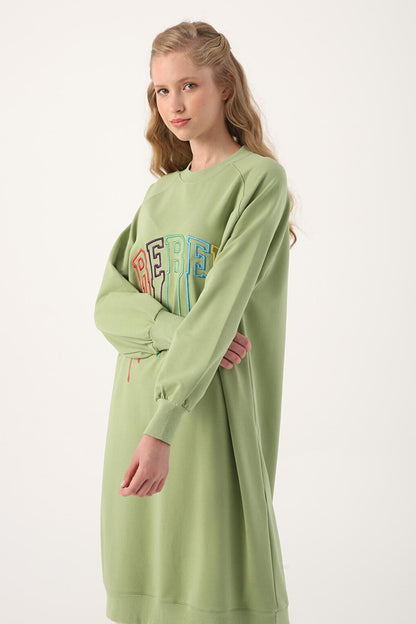 Light Green Text Embroidered Raglan Sleeve Sweat Tunic