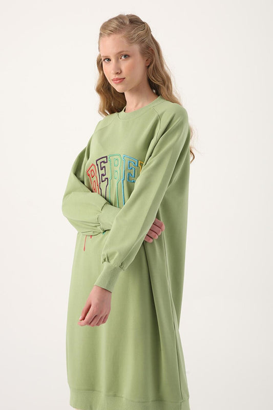 Light Green Text Embroidered Raglan Sleeve Sweat Tunic