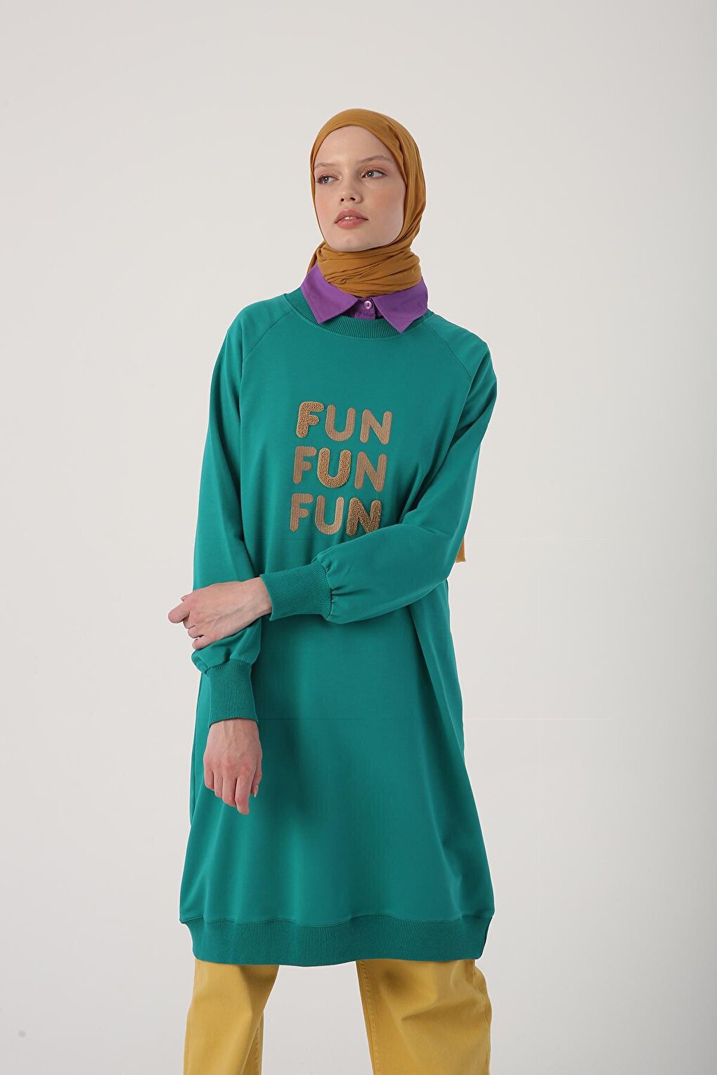 Emerald Green Text Embroidered Raglan Sleeve Sweat Tunic