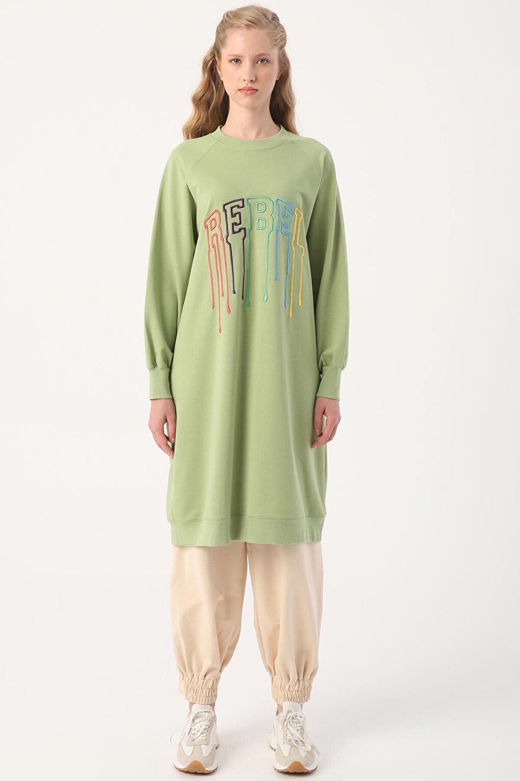 Light Green Text Embroidered Raglan Sleeve Sweat Tunic