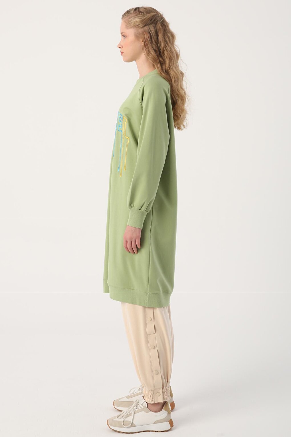 Light Green Text Embroidered Raglan Sleeve Sweat Tunic