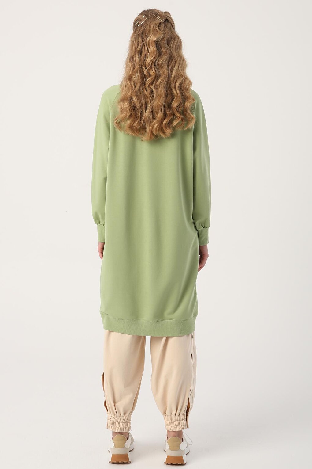 Light Green Text Embroidered Raglan Sleeve Sweat Tunic