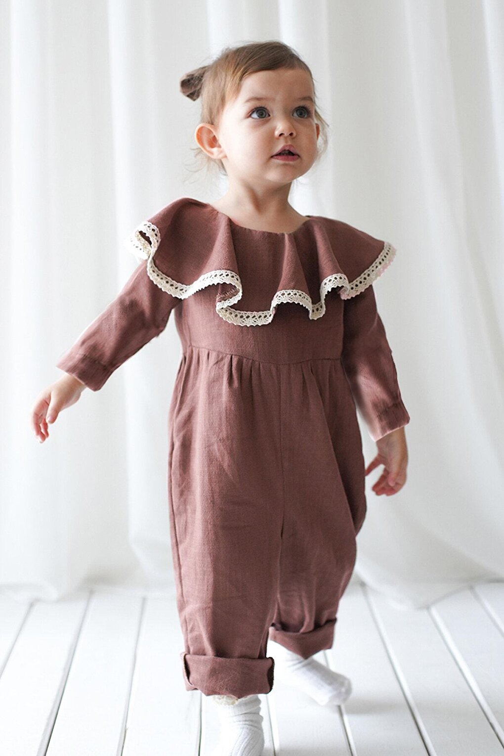 Girl's Brown Vera Linen Flounced Long Sleeve Jumpsuit