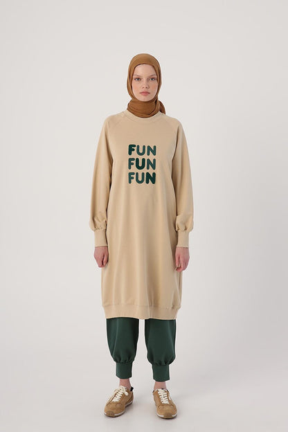 Beige01 Text Embroidered Raglan Sleeve Sweat Tunic