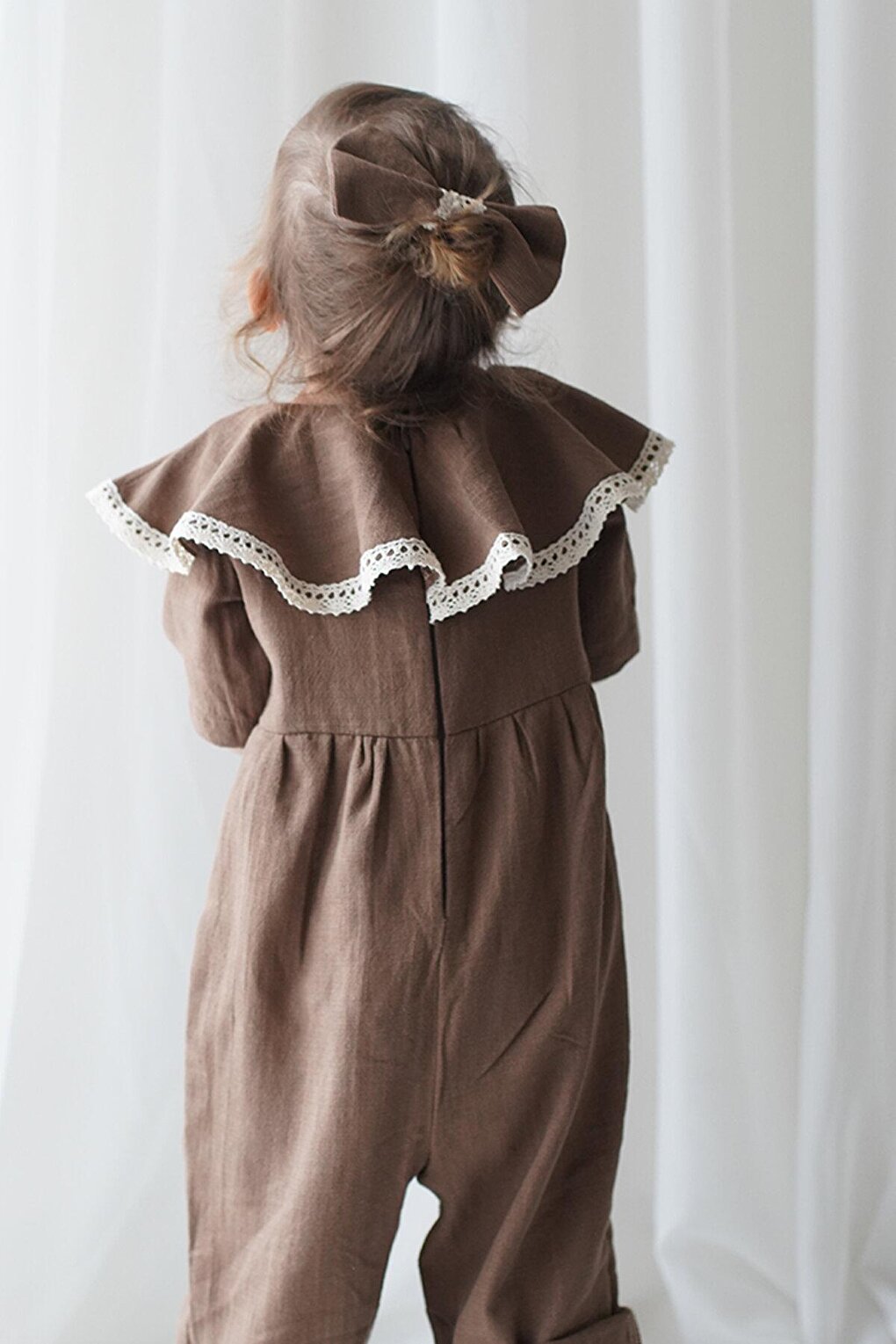 Girl's Brown Vera Linen Flounced Long Sleeve Jumpsuit