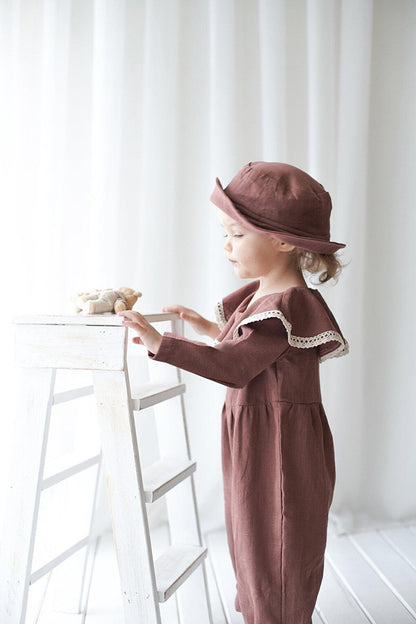 Girl's Brown Vera Linen Flounced Long Sleeve Jumpsuit