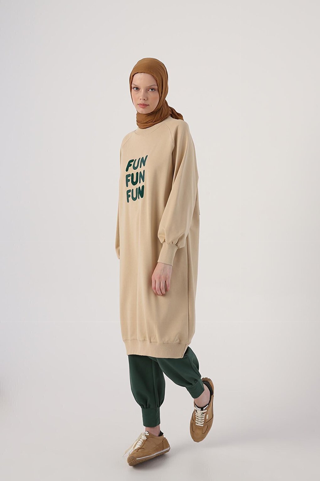 Beige01 Text Embroidered Raglan Sleeve Sweat Tunic