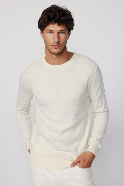 Slim Fit Crew Neck Self-Patterned Ecru Men's Sweater