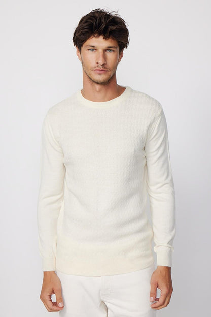 Slim Fit Crew Neck Self-Patterned Ecru Men's Sweater