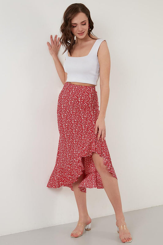 Floral Patterned Flounce Midi Length Slit Skirt 5864512