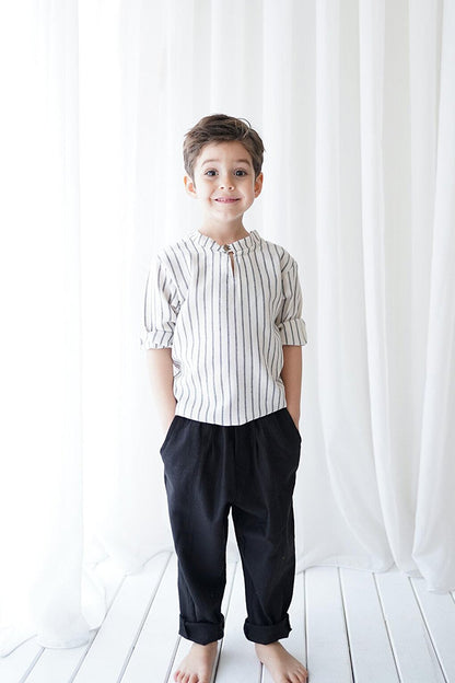 Boy's Black Vera Linen Stitched Carrot Trousers