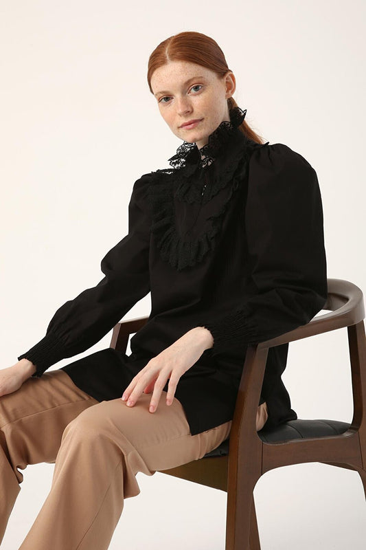 Black 100% Cotton Tunic with Lace Collar and Sleeves