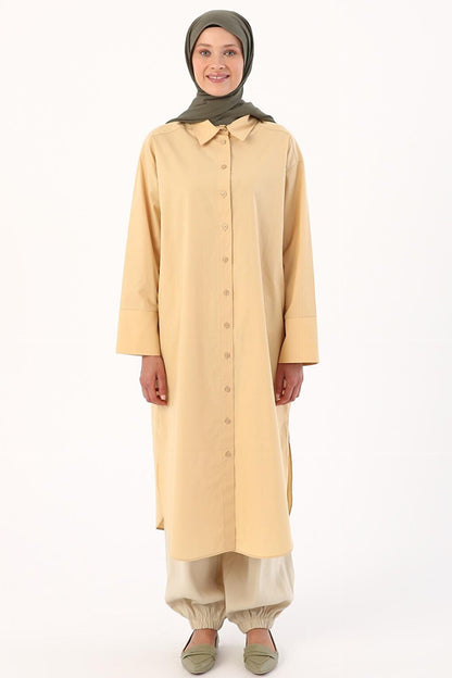 Dirty Yellow 100% Cotton Slit Long Shirt Tunic