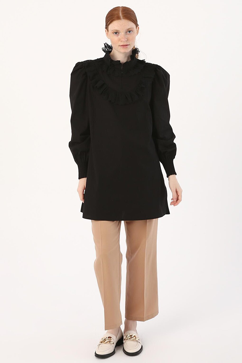 Black 100% Cotton Tunic with Lace Collar and Sleeves