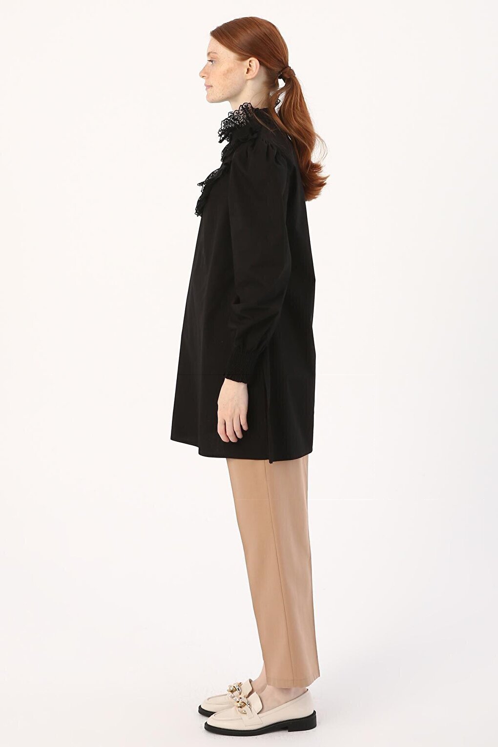 Black 100% Cotton Tunic with Lace Collar and Sleeves