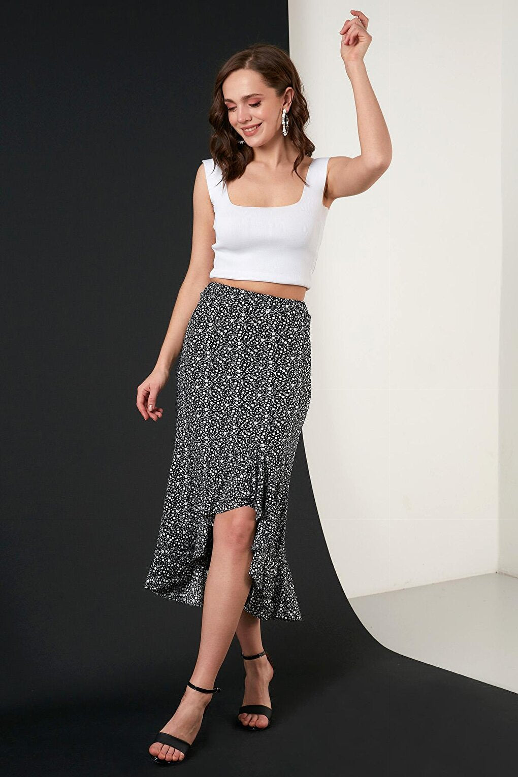 Floral Patterned Flounce Midi Length Slit Skirt 5864512