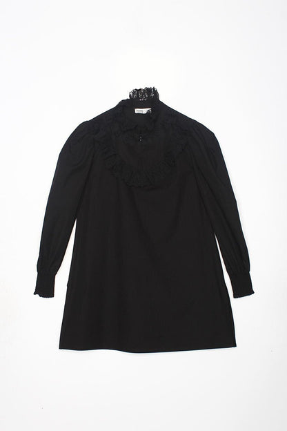 Black 100% Cotton Tunic with Lace Collar and Sleeves