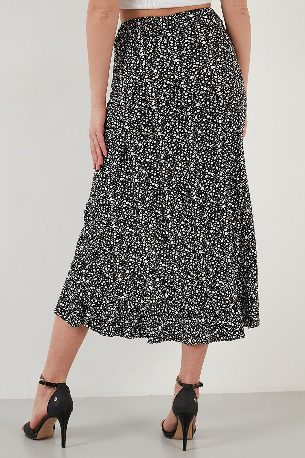 Floral Patterned Flounce Midi Length Slit Skirt 5864512