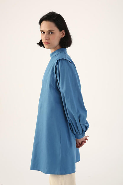 Dark Blue Shoulder Pleat Detailed Balloon Sleeve Tunic