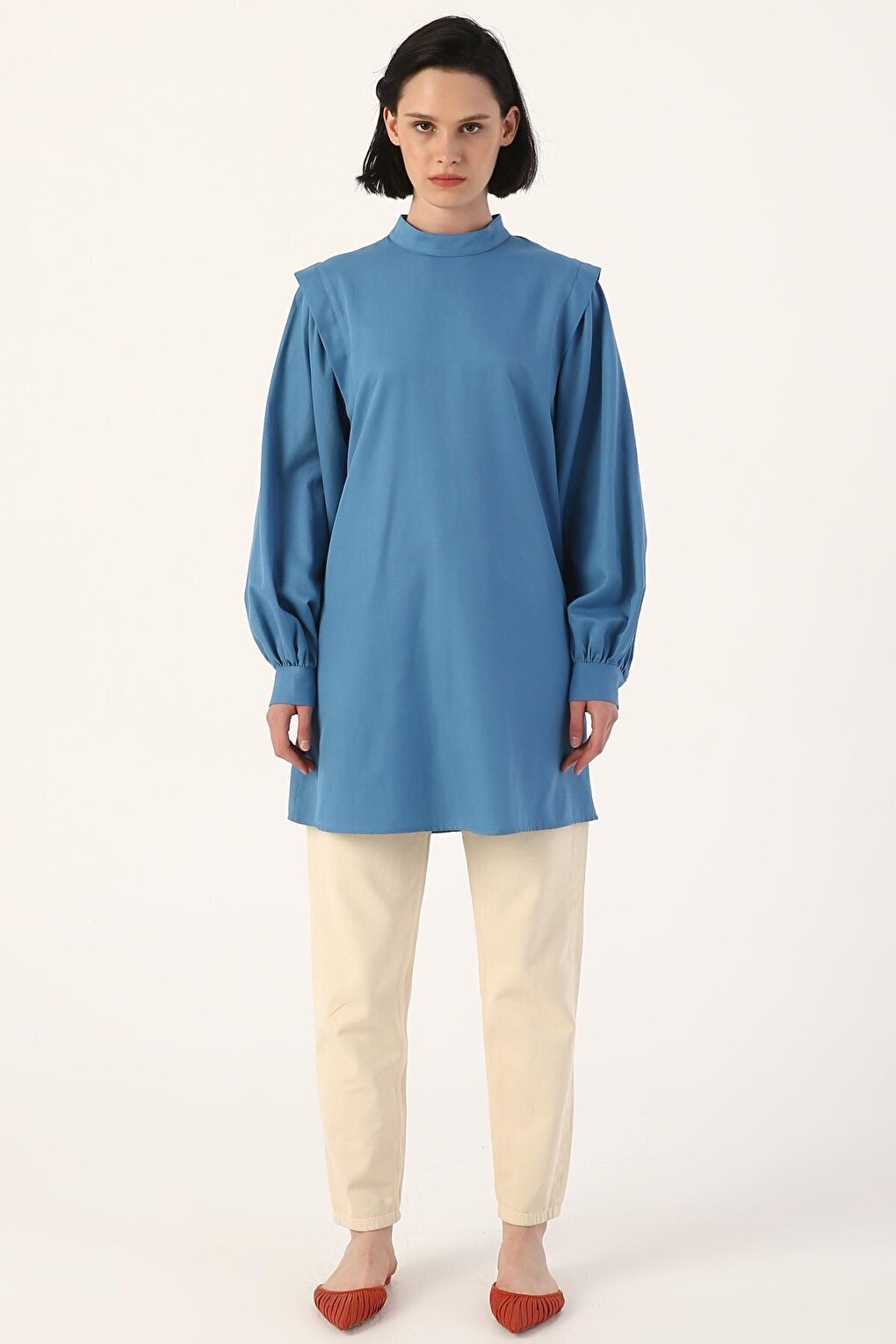 Dark Blue Shoulder Pleat Detailed Balloon Sleeve Tunic