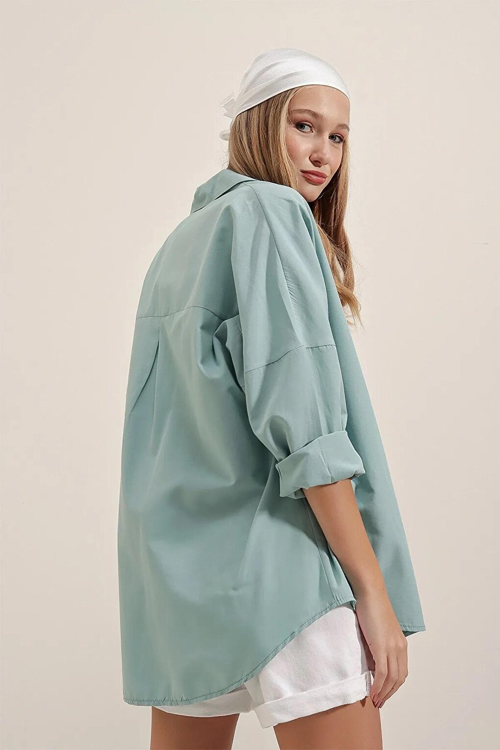 Women's Mint Green Plain Plain Araboy Basic Oversize Shirt